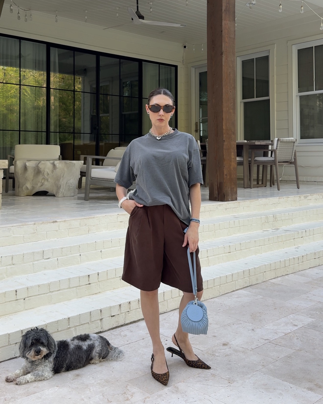 Bermuda shorts a relaxed tshirt.
Charcoal, brown and blue combo. 

#LTKootd #LTKU #LTKOver40
