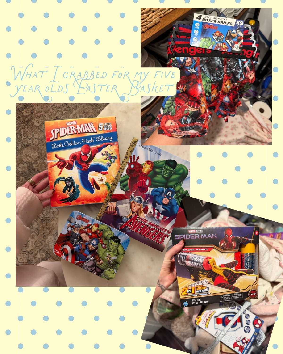 Avengers for the win!! Found the cutest books and puzzle for Ollie. He’s been asking nonstop for this web shooter set so finally caved and grabbed it 😂

Easter basket, 5 year old boys, avengers, marvel, captain America, spiderman 

#LTKKids #LTKmomlife #LTKSeasonal