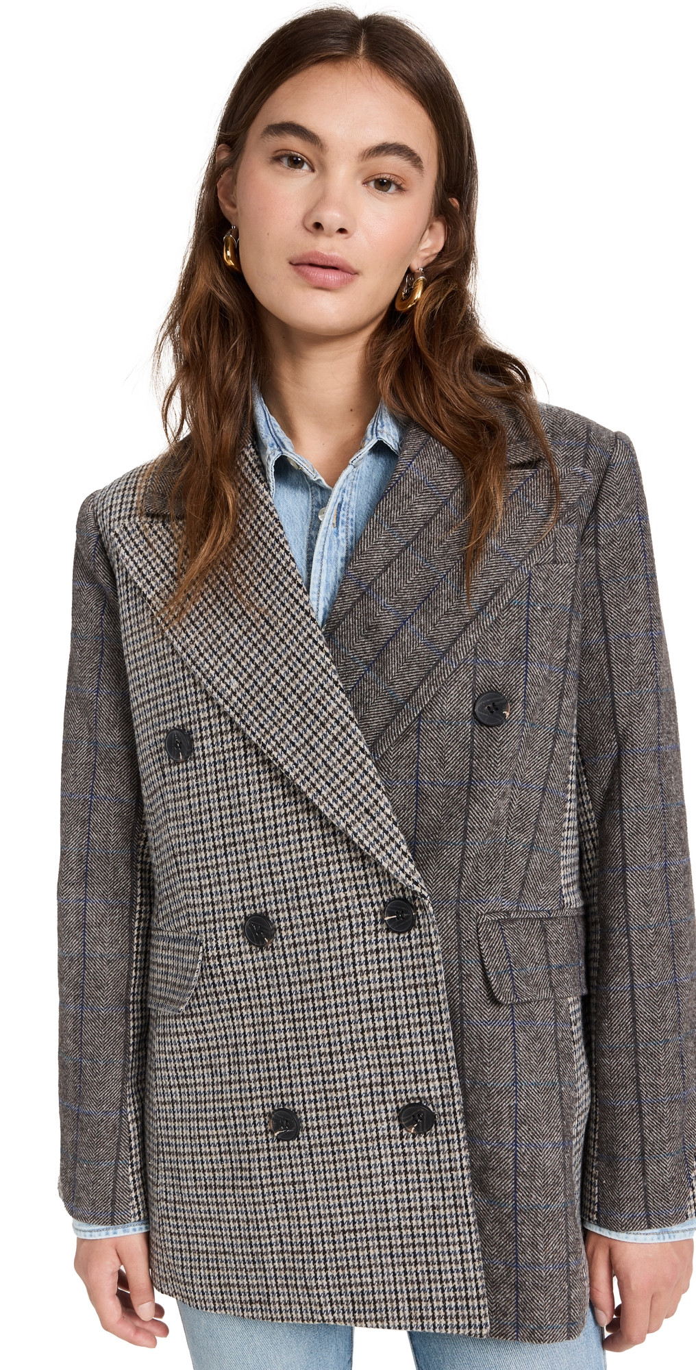 Avec Les Filles Mixed Plaid Double Breasted Blazer Espresso M | Shopbop