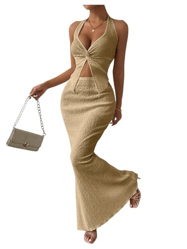 SOLY HUX Women's Two Piece Outfits Twist Front Halter Cami Tops and Skirt Summer Set Pure Khaki X-Small | Amazon (US)