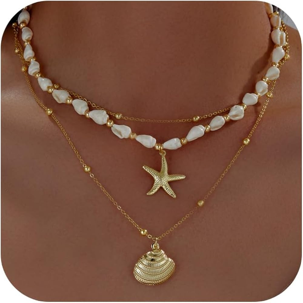 Seashell Starfish Necklace for Women Conch Shell Summer Pearl Beach 14k Gold Layered Dainty Choke... | Amazon (US)