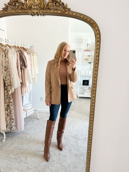 Fall date night look styling skinny denim jeans with a faux leather blazer. Complete the look with knee-high leather boots. 

#LTKshoecrush #LTKSeasonal #LTKstyletip
