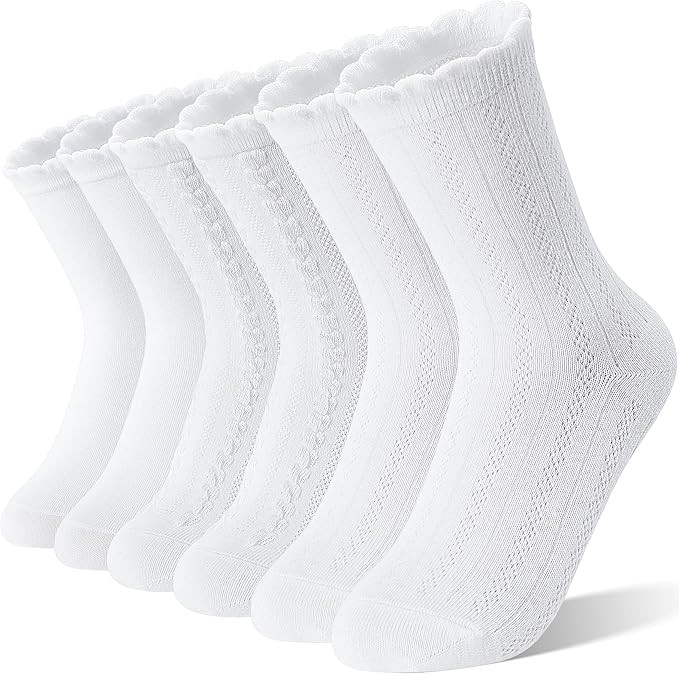 EBMORE Girls Kids Ruffle Socks Uniform School Dress Crew Cotton Textured Breathable Socks 6 Pairs | Amazon (US)
