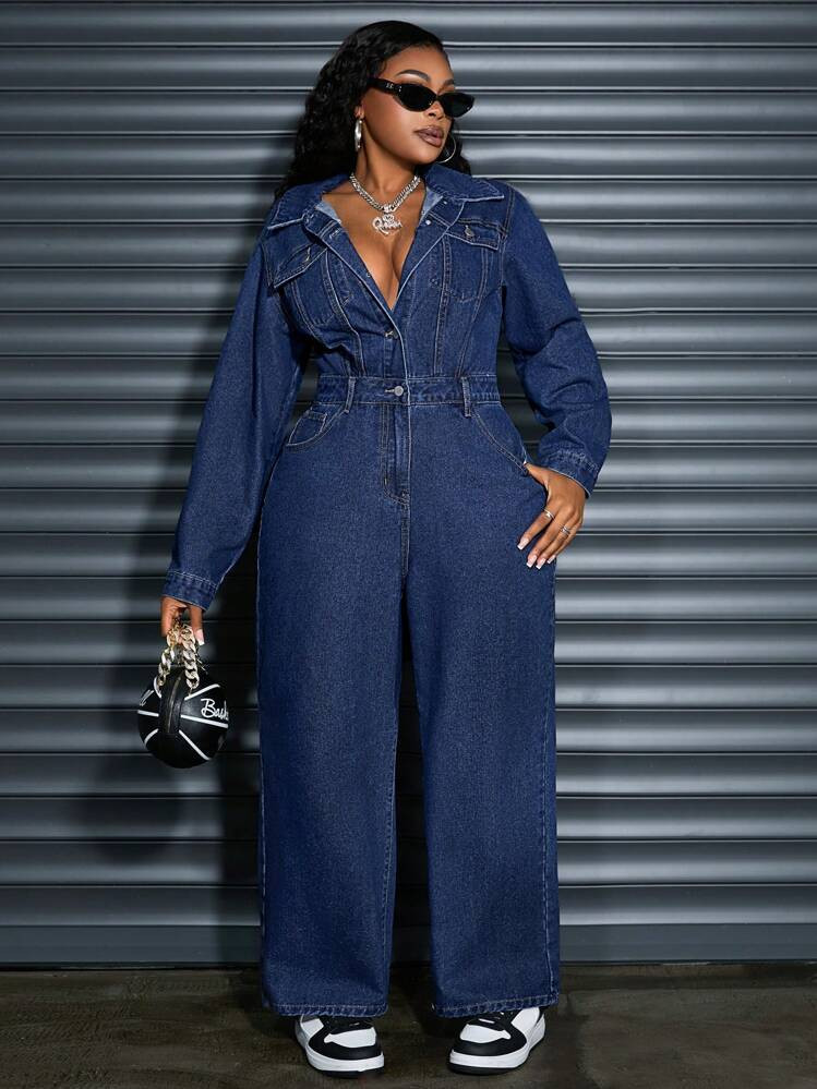 SHEIN SXY Plus Size Women's Fall Long Sleeve Pocketed Loose Wide Leg Casual Denim Jumpsuit | SHEIN