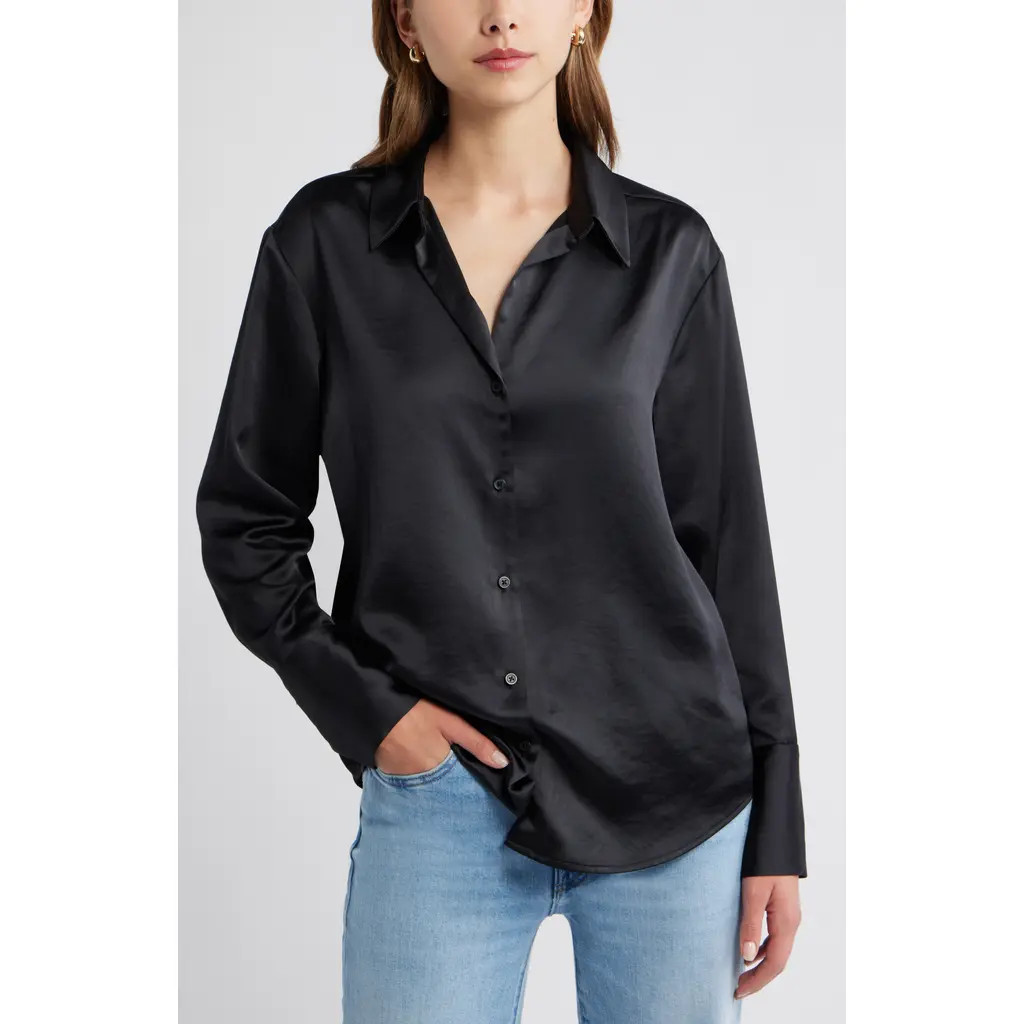 Open Edit Relaxed Fit Satin Button-Up Shirt in Black at Nordstrom, Size Xx-Small | Nordstrom