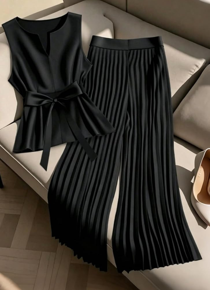 Amazon.com: Women's 2 Piece Outfits, Sleeveless V Neck Tie Waist Vest and High Waist Pleated Wide... | Amazon (US)