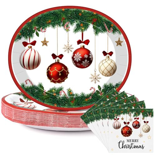 Christmas Paper Plates and Napkins Set,25 Paper Plate Sets Disposable Dinnerware, Large Heavy-Duty Plates & Soft Absorbent Napkins with Christmas Ball & Pine Pattern, Perfect for Holiday Parties | Amazon (US)