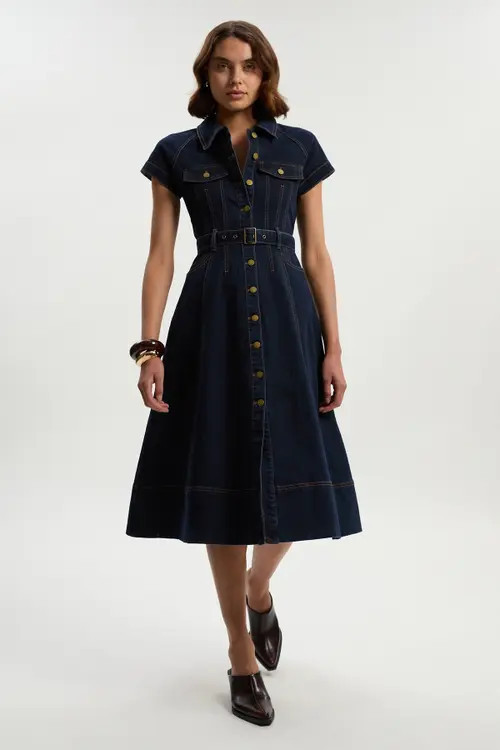 Karen Millen Button Up Belted Denim Midi Dress in Dark Blue at Nordstrom, Size 4 | Nordstrom