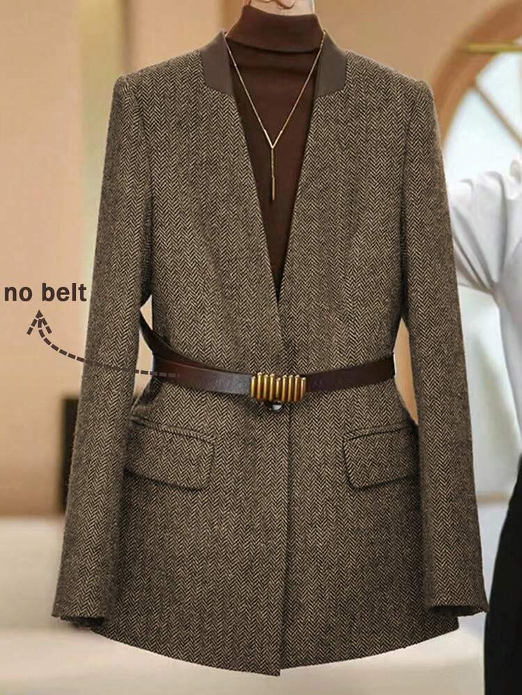 Franclia Women's Simple And Fashionable Brown Coffee Retro Plaid Twill Vintage Thick Woolen Waist Coat Woolen Suit With Lining High-End Single Button Simple Versatile Formal Long-Sleeved Suit Jacket Women's Autumn And Winter Women's Winter Clothes Winter Clothes Christmas New Year Party Graduation Ball Cosplay Elegant Casual Luxury Outing Winter Women's Winter Clothes Elegant Fashion Casual Commuting Business Office Daily Leisure Versatile Temperament Urban Teacher Professional Wear | SHEIN