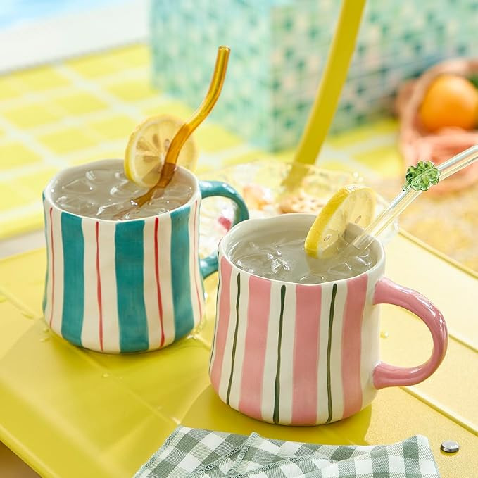 Striped Ceramic Coffee Mugs Set - 2 Pack, Pink & Green，Perfect for Morning Brew or Tea and Coco... | Amazon (US)