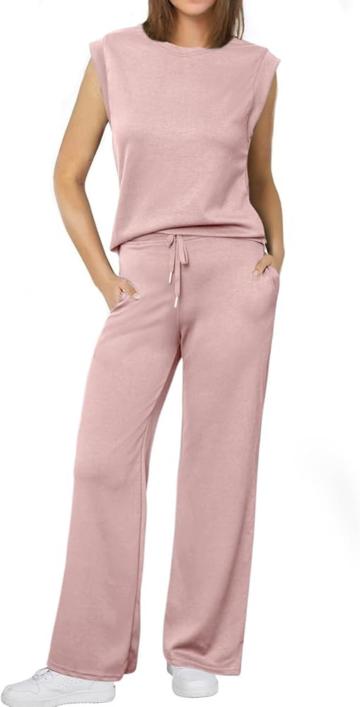 Glamaker Women's 2 Piece Sets Summer Lounge Travel Outfits Sleeveless Wide Leg Airport Casual Tre... | Amazon (US)