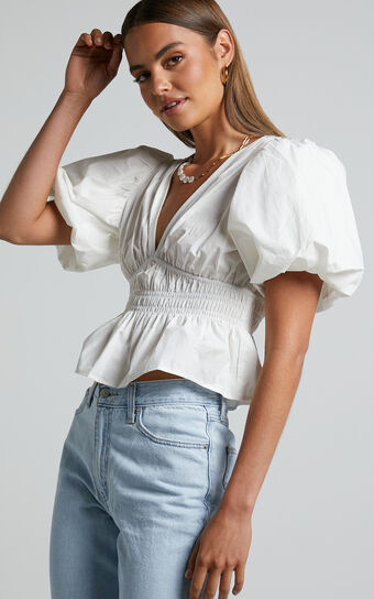 Mellie Top - Puff Sleeve Peplum Top in White | Showpo (US, UK & Europe)