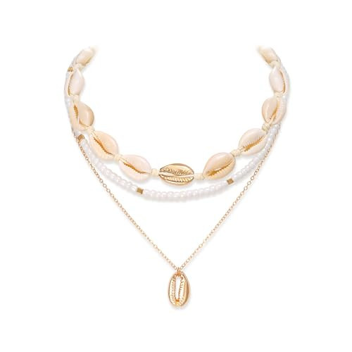 Flyonce Shell Necklace for Women, Boho Handmade Natural Seashell Layered Choker Collar Necklaces Beach Jewelry for Summer Outfits Surfer Beachy Accessories Beige | Amazon (US)