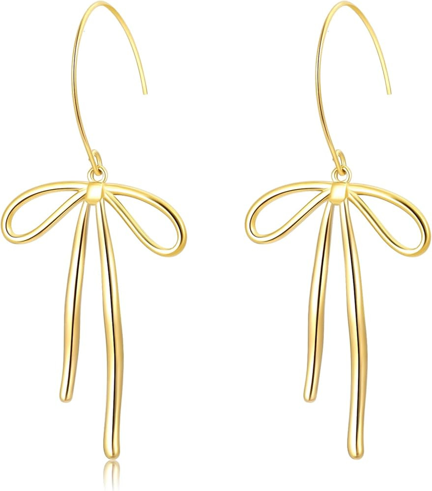 Gold Bow Earrings - Stainless Steel Ribbon Earrings for Women - Trendy Bow Jewelry Gift | Amazon (US)