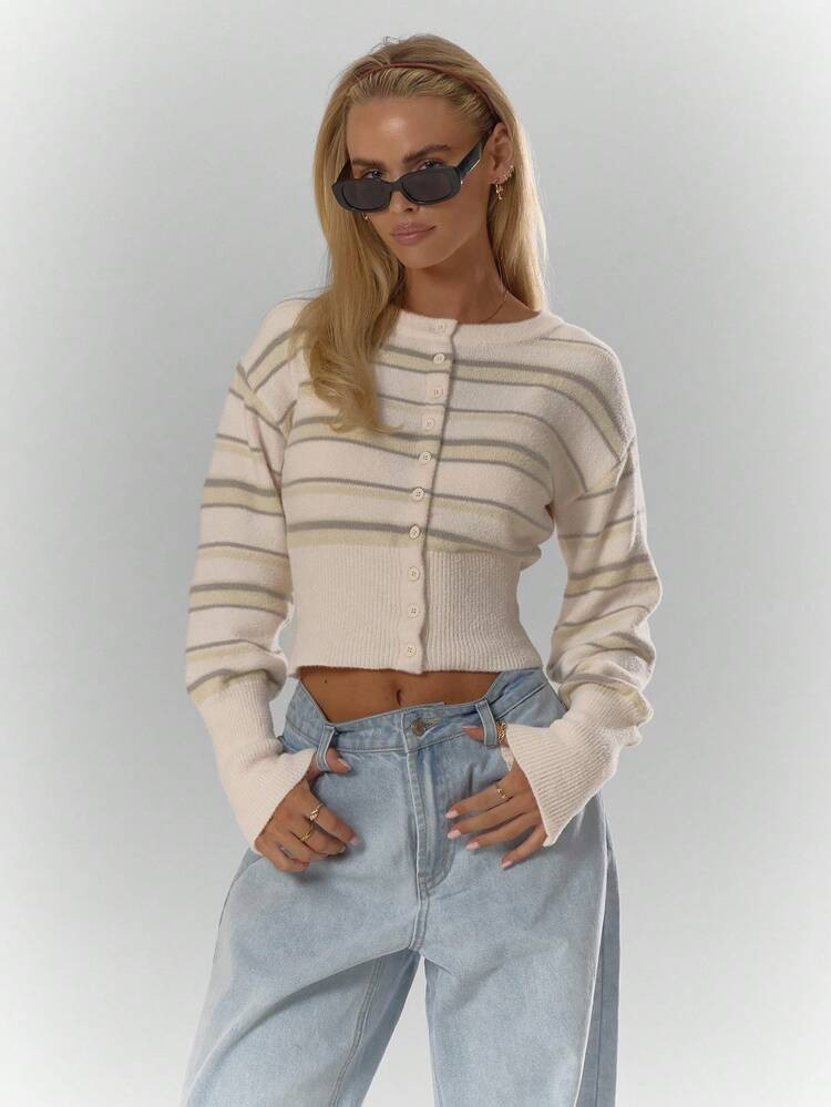 MUSERA Knit Striped Cinched Waist Longline Cropped Cardigan Cosy Cute Casual Coffee Club Winter Elegant Evening Party Winter Spring Sweater Valentines Day Summer | SHEIN