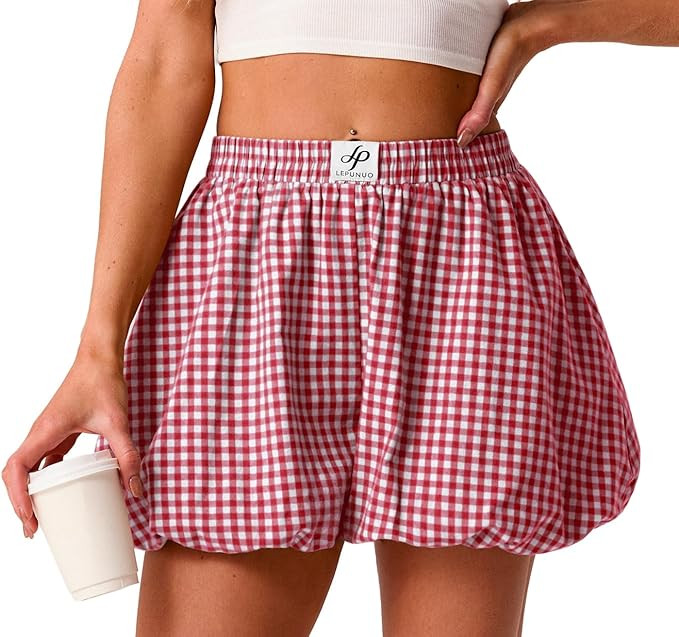 Lepunuo Bubble Boxer Shorts for Women Summer Gingham Pajamas Plaid Shorts Y2K Beach Vacation Bott... | Amazon (US)