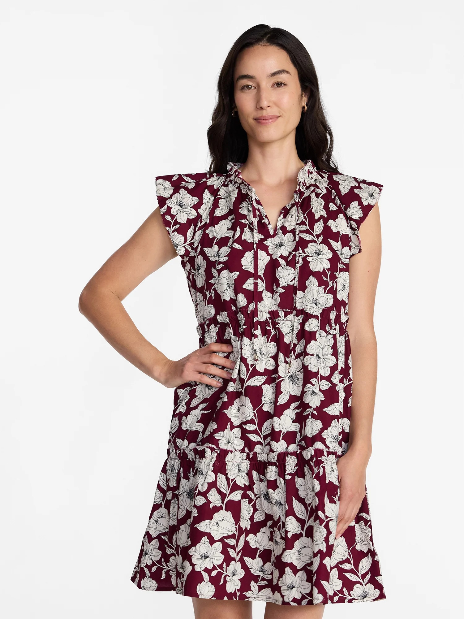Time and Tru Women's Tiered Cotton Mini Dress with Flutter Sleeves, Sizes XS-4X - Walmart.com | Walmart (US)