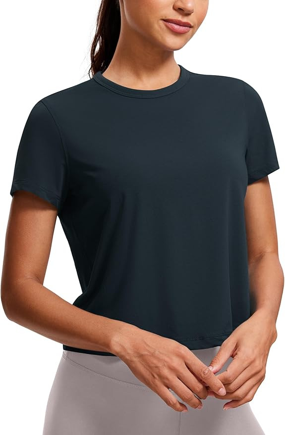 CRZ YOGA Women's Pima Cotton Short Sleeve Crop Tops High Neck Cropped Workout Tops Yoga Athletic ... | Amazon (US)