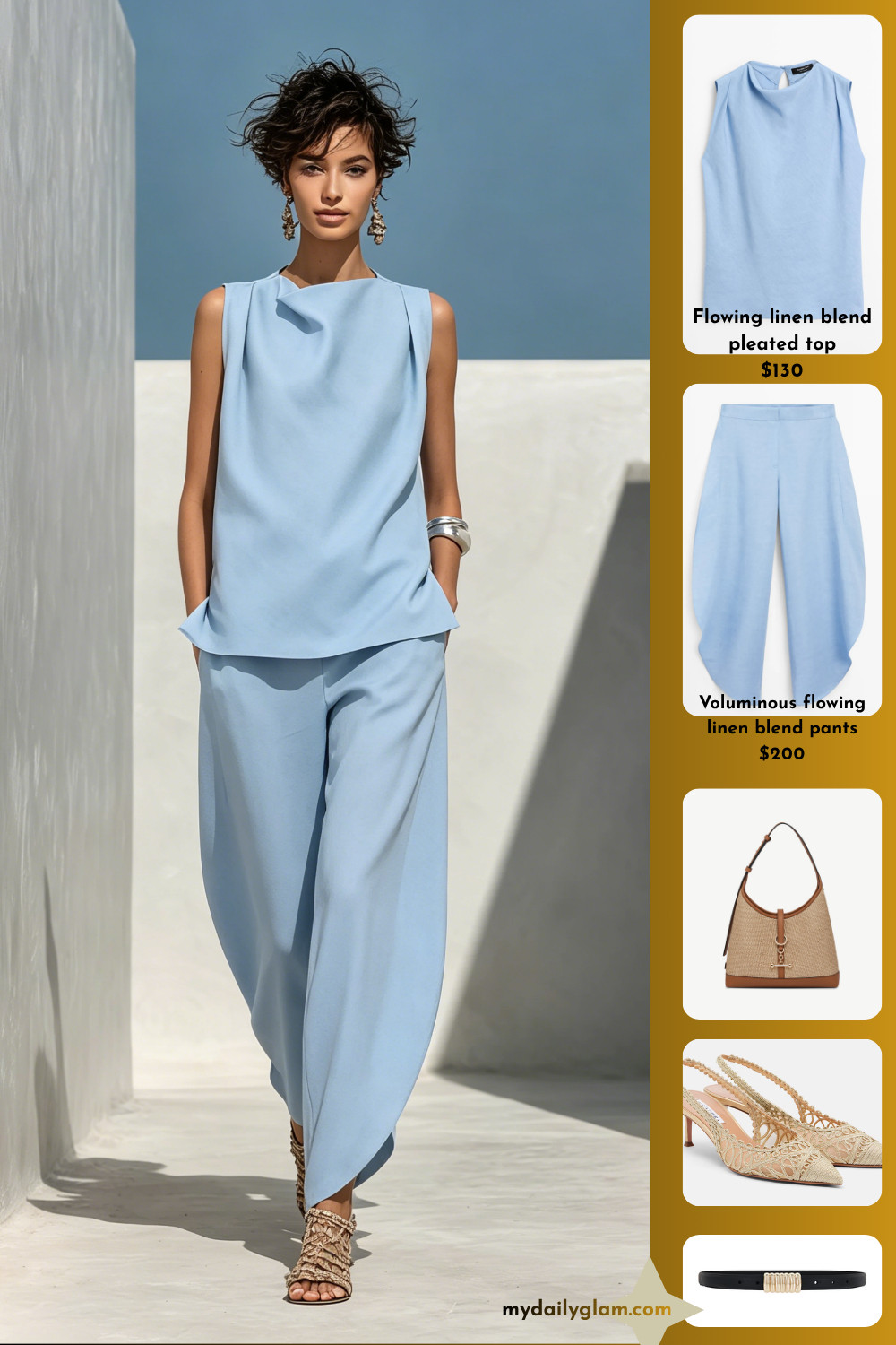 Soft Pastel Blue Linen Two Piece Set Draped Neck Tank & Flowy Wide Leg Pants Summer Capsule Outfit

#MinimalFashion #SummerLinenOutfit #CapsuleWardrobe 

 #LTKootd #LTKOver40 #LTKWorkwear