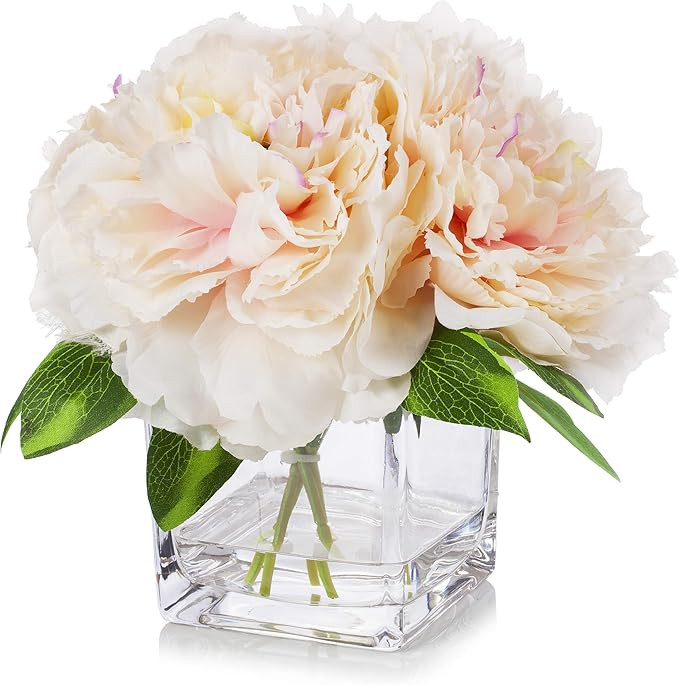 Enova Home Silk Peony Flowers Arrangements in Cube Glass Vase with Faux Water for Home Table Wedd... | Amazon (US)