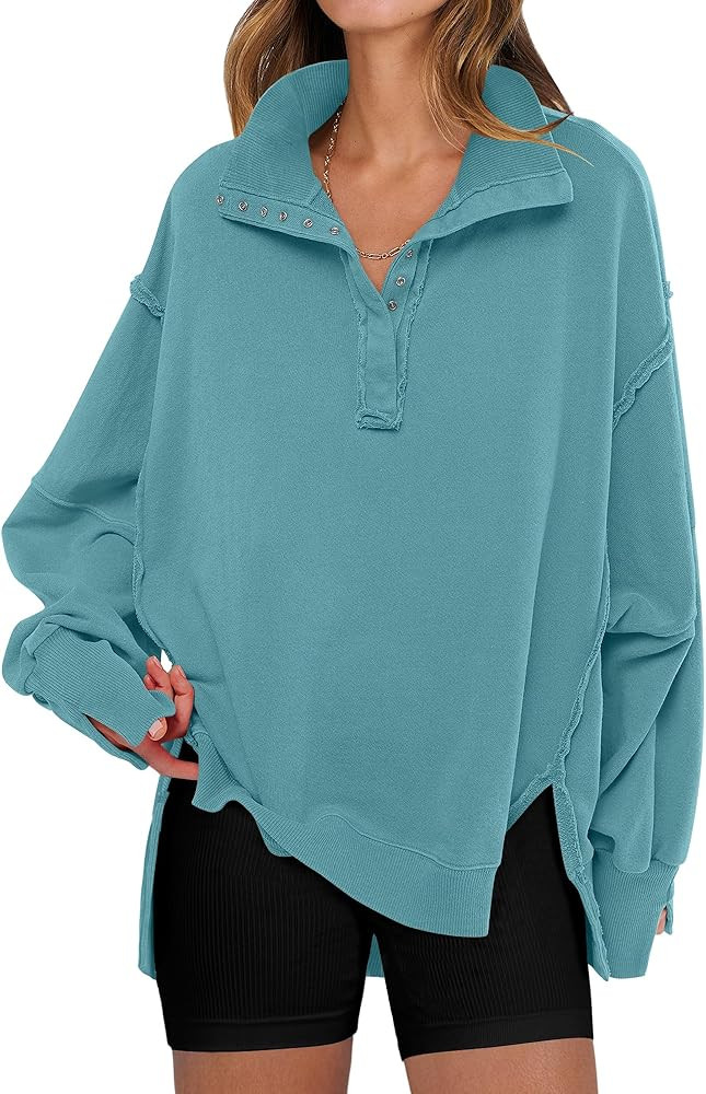 ANRABESS Women's Sweatshirts Oversized Casual Loose Button Up Henley Pullover Top High Low Split ... | Amazon (US)