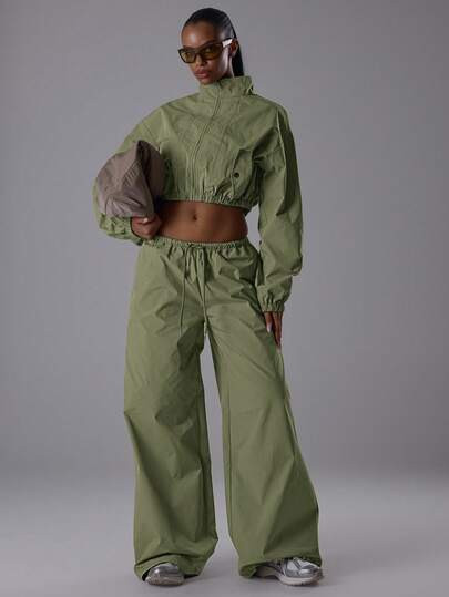 MUSERA Wide Leg Baggy Drawstring Waist Nylon Trousers Coord Bottoms Only Classy Night Out Sexy Cute Coolgirl Streetwear Dawn | SHEIN