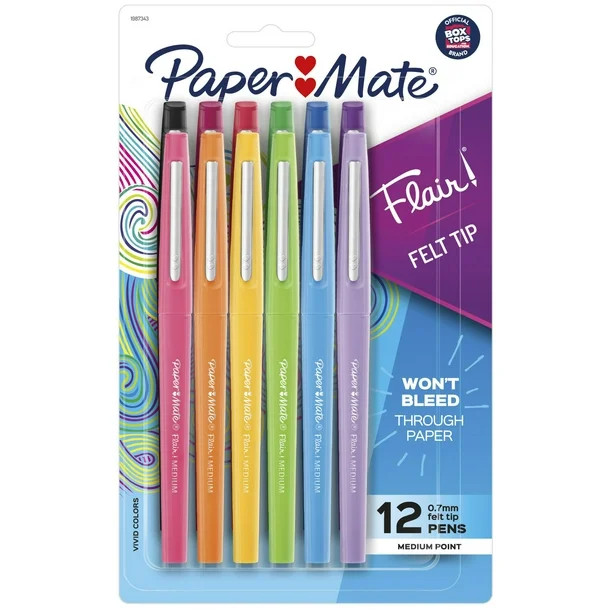 Paper Mate Flair Felt Tip Pens, Medium Point (0.7mm), Assorted Colors, 12 Count - Walmart.com | Walmart (US)