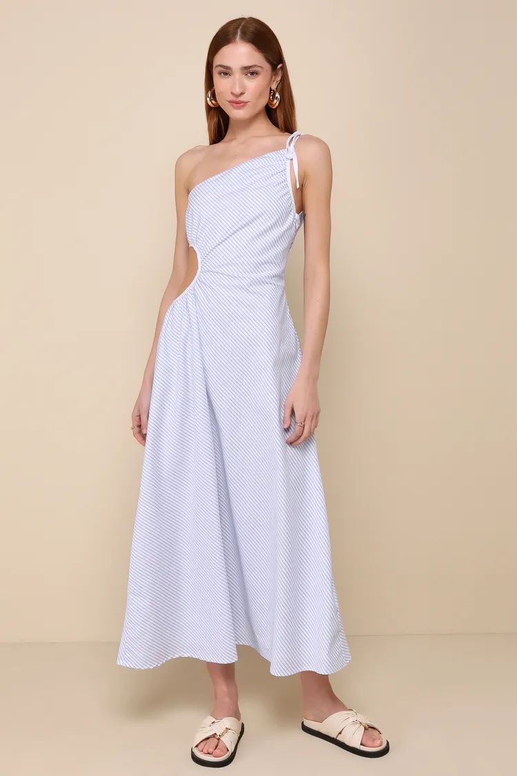 Effortless Weekend White Striped Cutout One-Shoulder Maxi Dress | Lulus