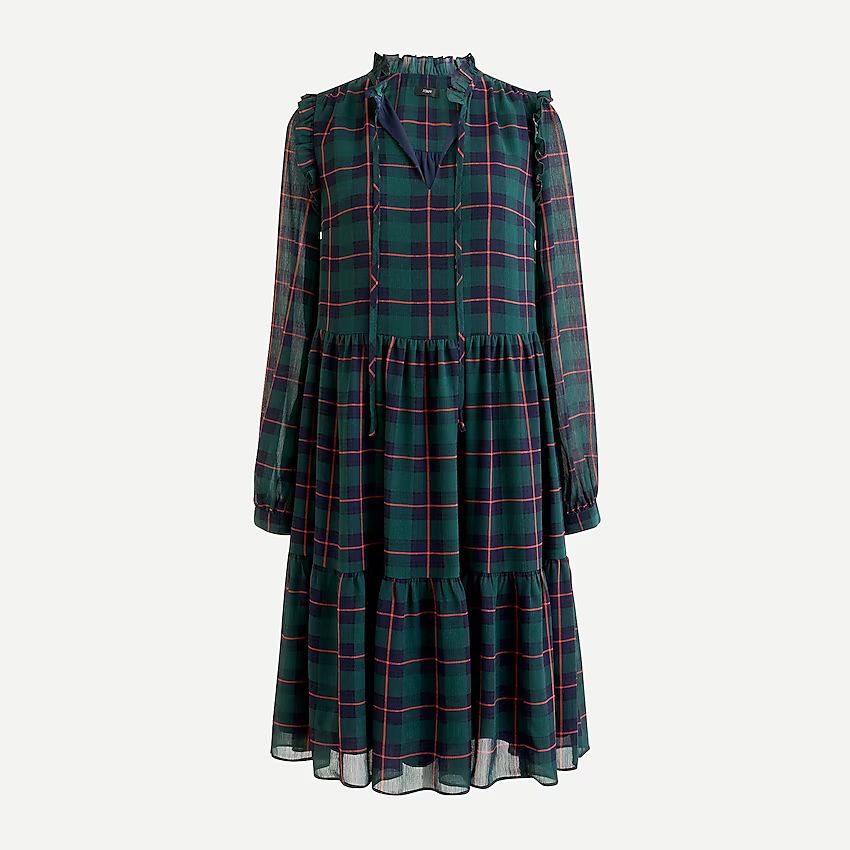 Tie-neck tiered dress in Black Watch tartan | J.Crew US