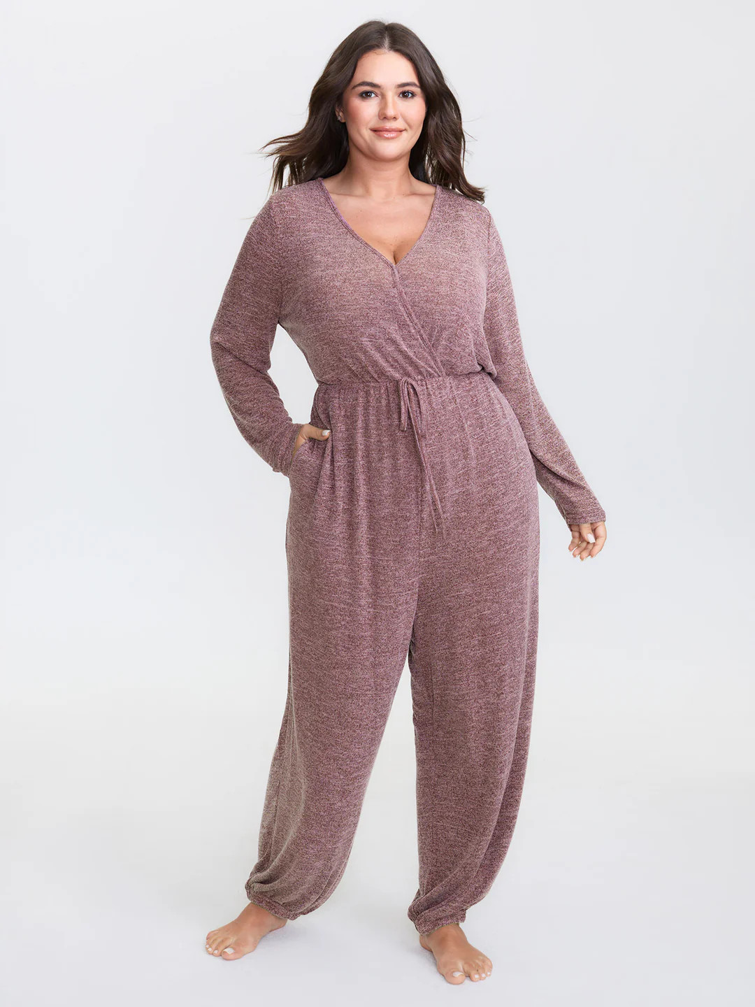 Elastic Waist Overlap Collar Lounge Jumpsuit | Bloomchic