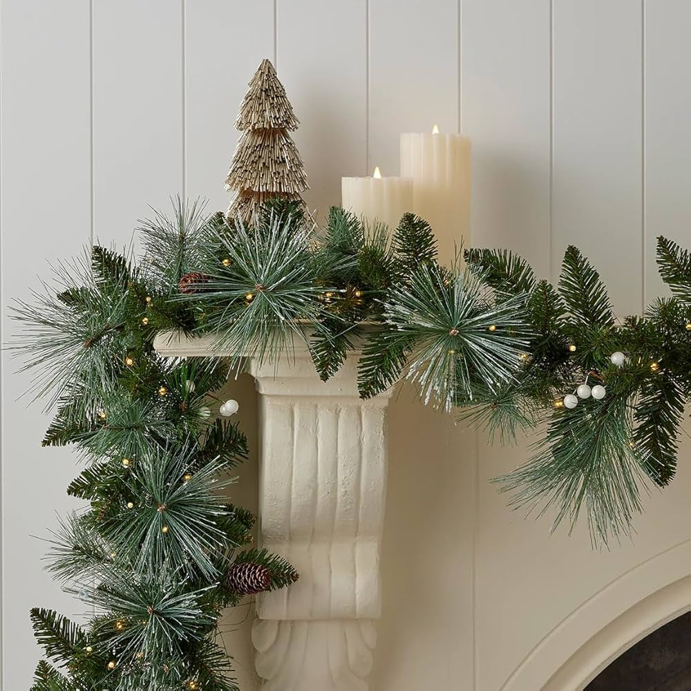 Glistening Mountain Pineneedle 9' Garland with Pinecones, White Berries and Warm LED Lights | Ind... | Amazon (US)