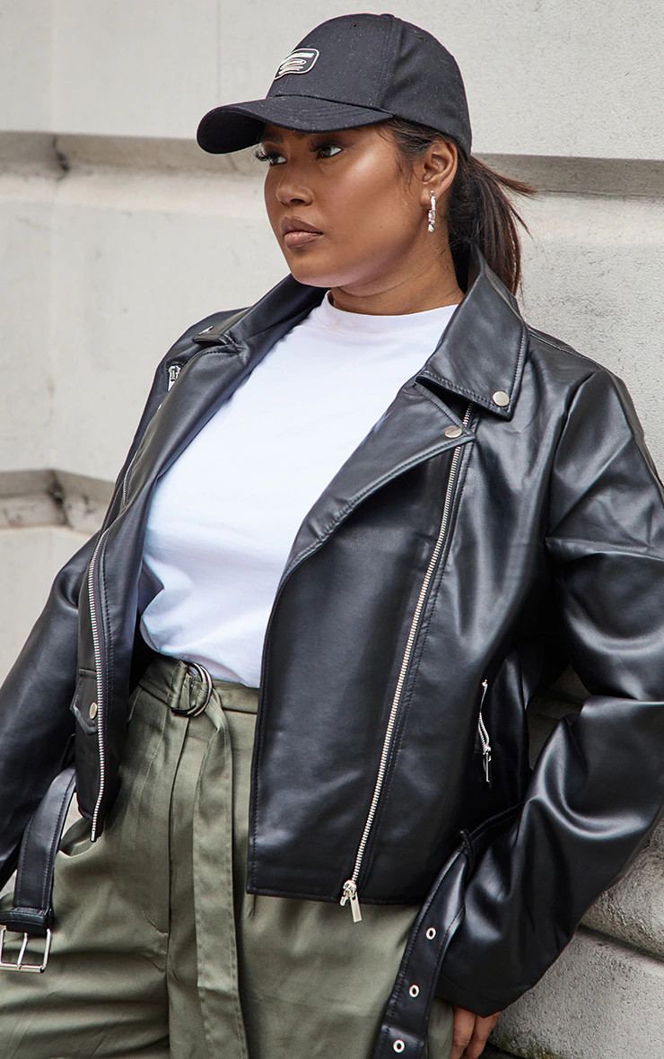 Plus Black Faux Leather Zip Detail Biker Jacket | PrettyLittleThing US