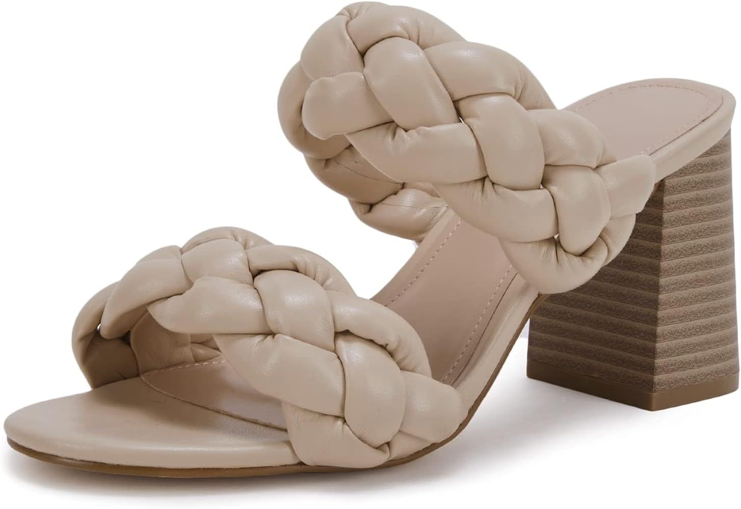 Womens Heeled Sandals Braided Open Toe Backless Chunky Heels Slip on Strappy Block Heel Slides Sanda | Amazon (US)