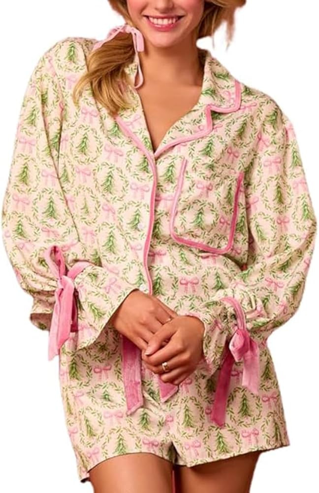 Women Christmas 2 Piece Pajamas Set Bow Tie Button Down Long Sleeve Shirts Ruffle Shorts Cute Pjs... | Amazon (US)
