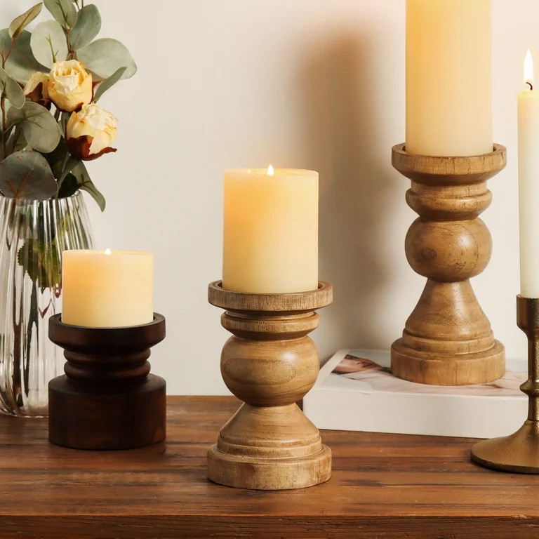 (2 pack) Mainstays Decorative Wood Pillar Candleholder, Natural, 6" | Walmart (US)