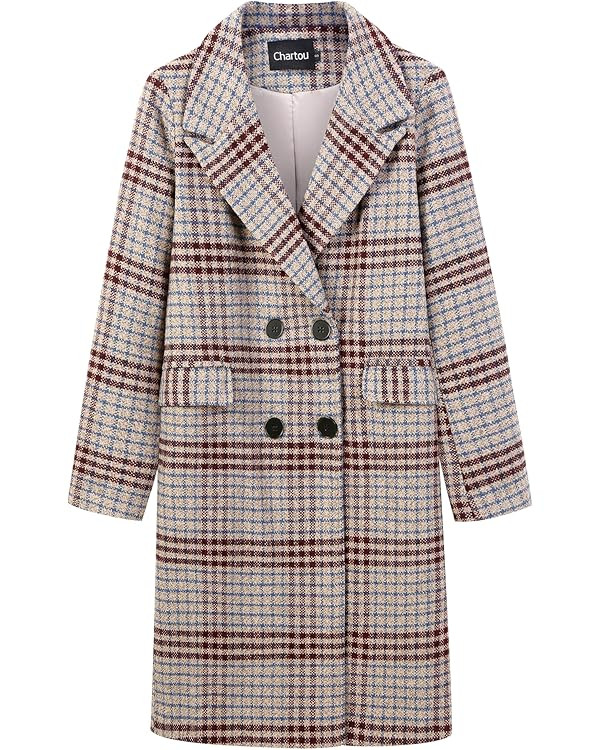 CHARTOU Women's Winter Oversize Lapel Collar Woolen Plaid Double Breasted Long Peacoat Jacket | Amazon (US)