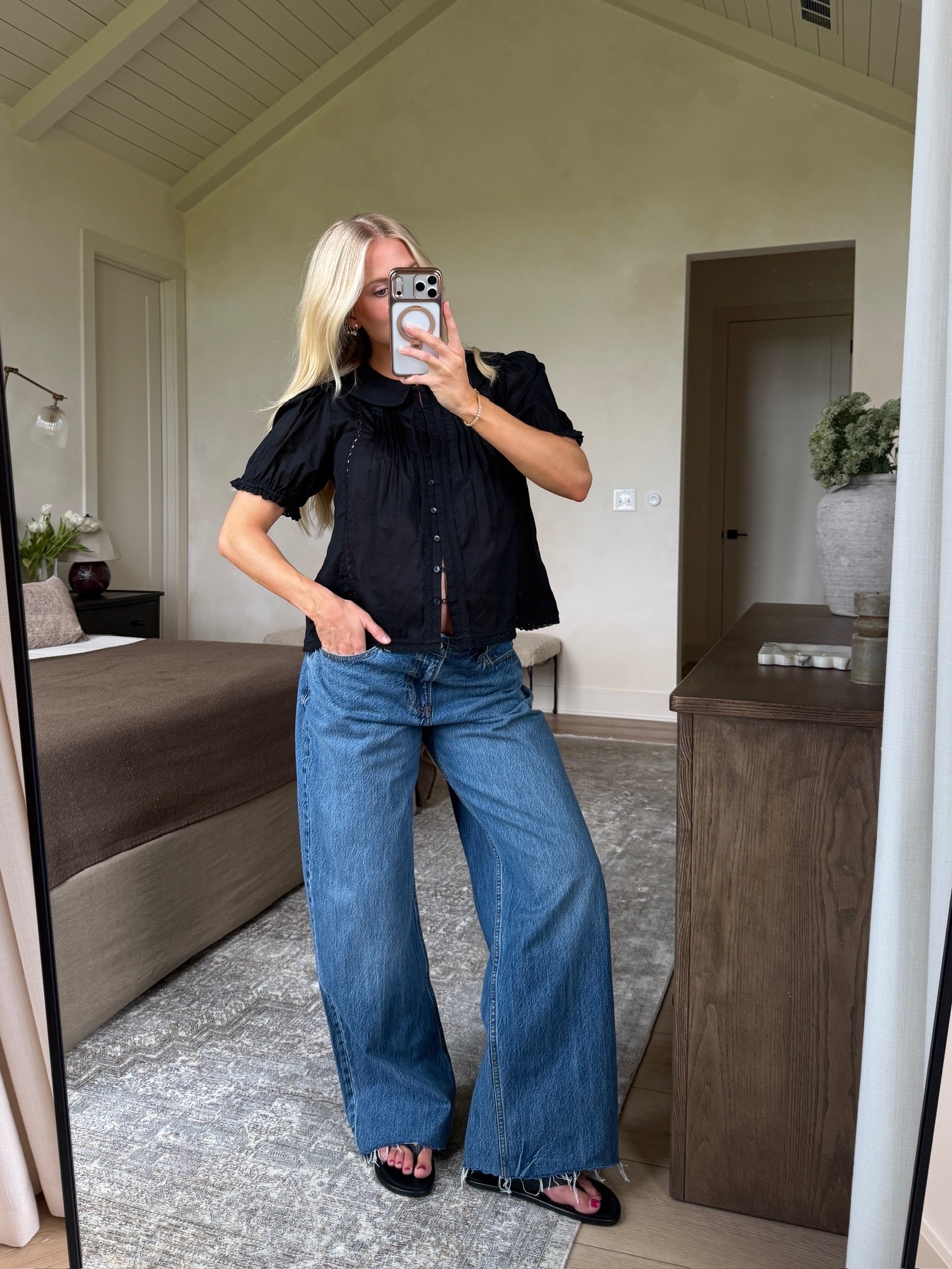 Code SHORTSAF for 15% off on top of their current sale! Wearing a med in top, 30 reg in bottoms (medium wash - sized up for pregnancy), shoes run tts! #kathleenpost

Spring transition look, spring outfits 2026, bump friendly, maternity look