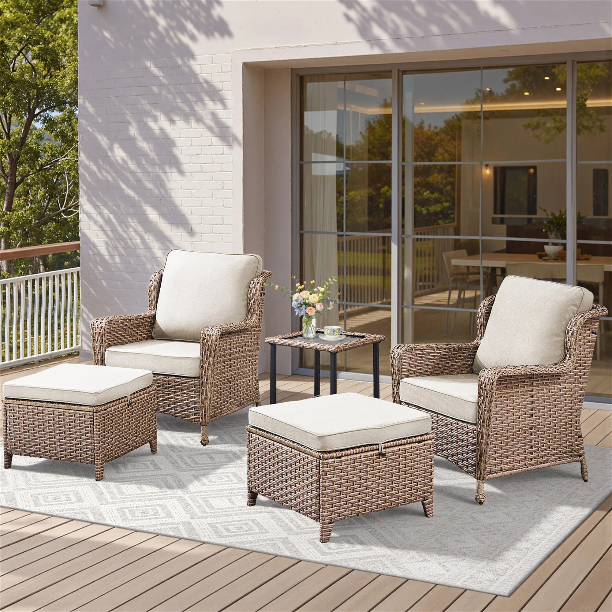 Highland Dunes 5 Pieces Outdoor Patio Furniture Set, Rattan Wicker Lounge Chairs Sets With Ottomans | Wayfair | Wayfair North America