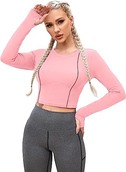 Pinspark Long Sleeve Crop Top Workout for Womens Gym Slim Fit Shirts O Neck for Running Sport Ath... | Amazon (US)