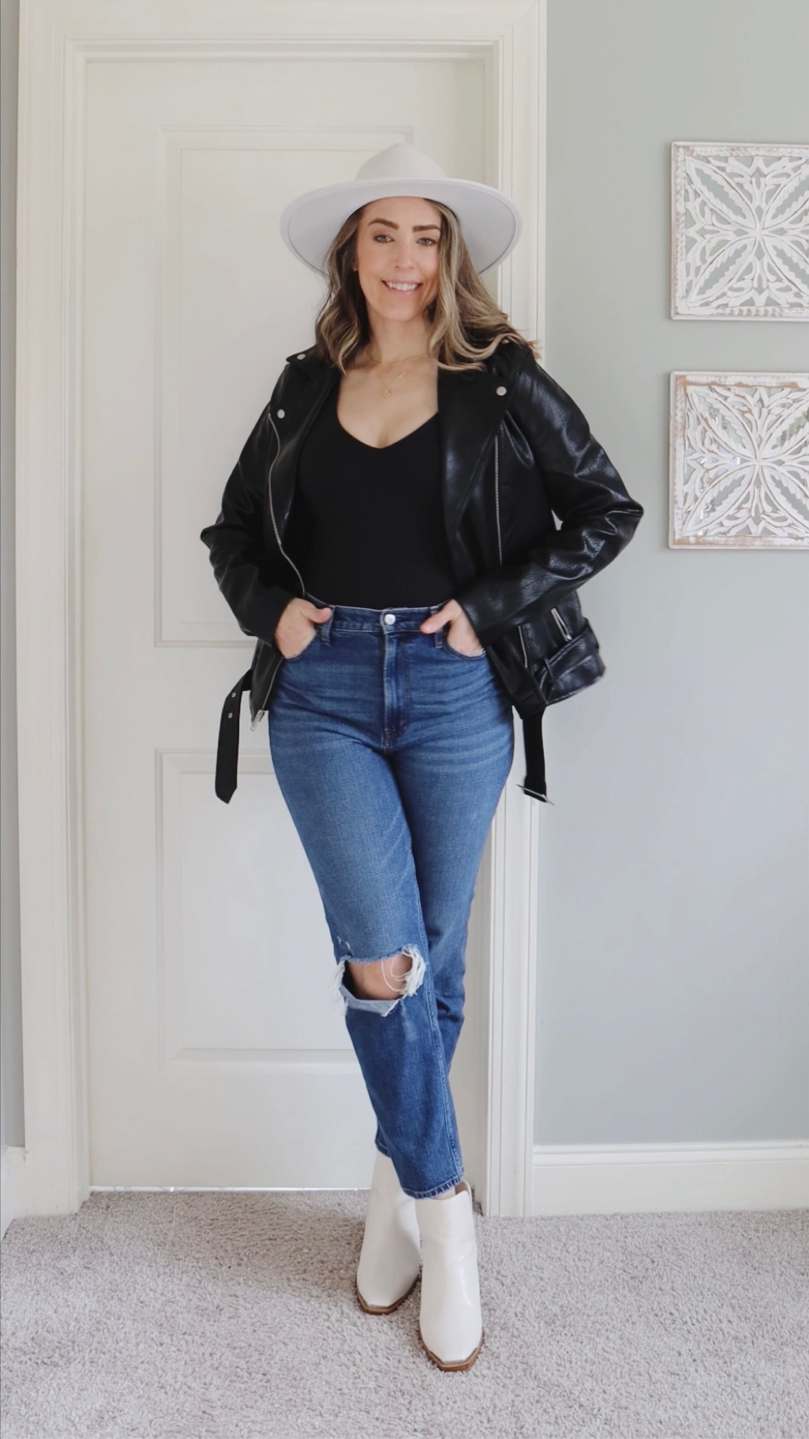 Vegan leather Moto jacket | black bodysuit | Abercrombie ankle jeans | ultra high rise ankle jeans | distressed ankle jeans | yellow box shoes | yellow box boots | cut out white boots | large brim fedora hat | leather jacket | Moto jacket | Chic fashion finds for Fall and Winter! Comfy and affordable outfit idea for the cooler months. Yellow box shoes | Abercrombie | Amazon fashion | tall girl fashion | size 6 fashion | size 6 | size 8 fashion | size 8 | Tall girl outfit | tall girl fashion | midsize fashion size 8 | midsize | tall fashion | tall women | winter outfit ideas | casual cute outfits | fashion over 35 | colorful koala | old navy fashion | Abercrombie & Fitch 

#tallwomenfashion #tallgirlfashion #runningerrands

Bodysuit - M
Jacket - M Tall
Jeans - size 29 Long
Boots - 11

#LTKmidsize #LTKstyletip #LTKSeasonal