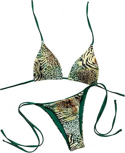 WDIRARA Women's Leopard 2 Piece Swimsuit Halter String Thong Bikini Set Tie Side Bathing Suit | Amazon (US)