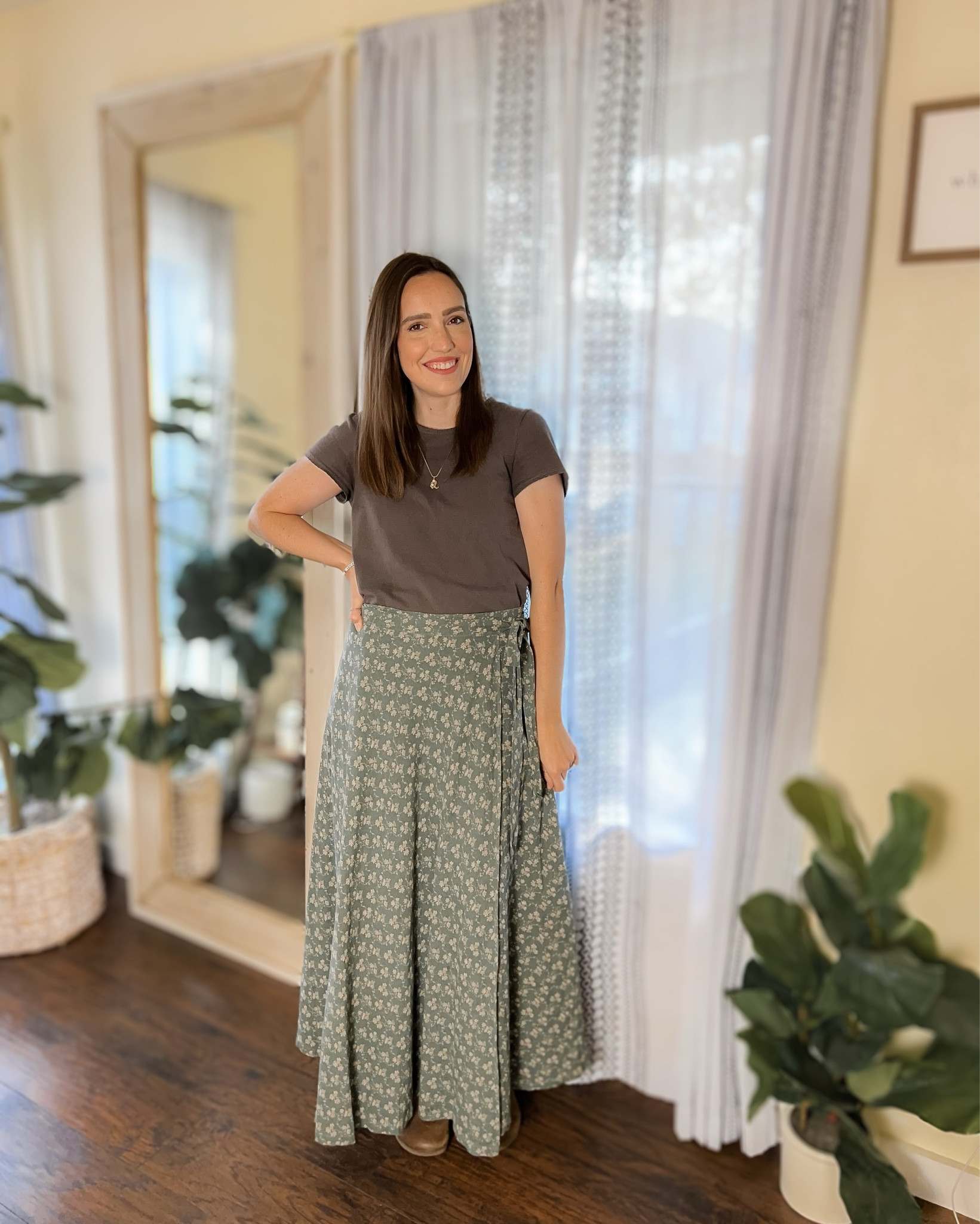 Feminine style, modest outfit, green floral maxi skirt, black scallop hem top, Birkenstocks 

#LTKdayinmylife #LTKFindsUnder50 #LTKootd