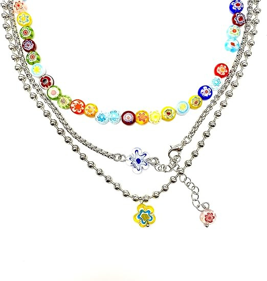 Y2k Necklace Layered Colorful Beaded Necklace Bead Choker Necklaces with Flower Pendant Indie Jew... | Amazon (US)