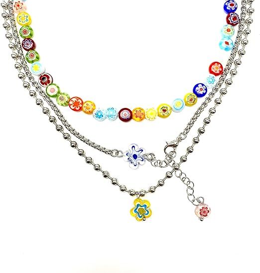 Y2k Necklace Layered Colorful Beaded Necklace Bead Choker Necklaces with Flower Pendant Indie Jew... | Amazon (US)