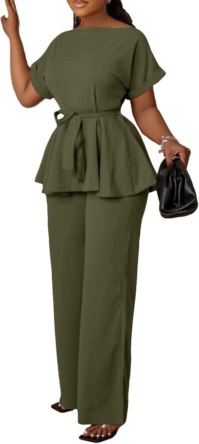 Ekaliy Women's 2 Piece Pants Set Peplum Top High Waisted Flared Pants | Amazon (US)