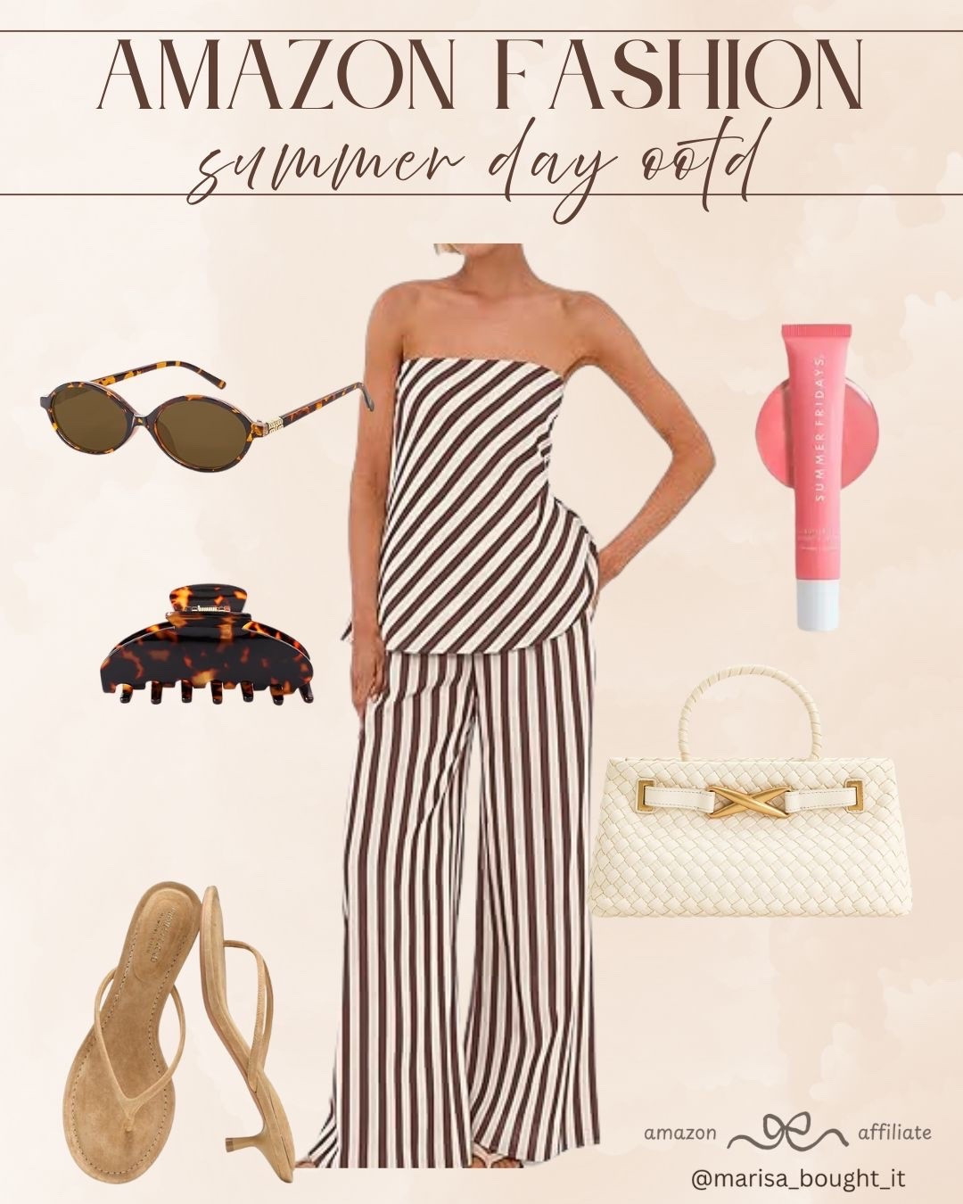 Stripe a pose. 🥥 I am loving the sophisticated resort vibes of this chocolate brown and white striped strapless top and wide-leg pant set. It is the perfect balance of comfort and elevated summer style.
👜 Paired with a woven cream handbag, kitten heel sandals, and a classic tortoiseshell claw clip.
#ResortWear #SummerSet #AmazonDeals #StripedOutfit #ChicStyle #VacationOOTD #SummerVibes

#LTKootd #LTKgrwm #LTKSeasonal