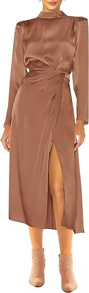PRETTYGARDEN Women's 2023 Fall Satin Dress Long Sleeve Mock Neck Ruched Side Slit Elegant Silk Co... | Amazon (US)