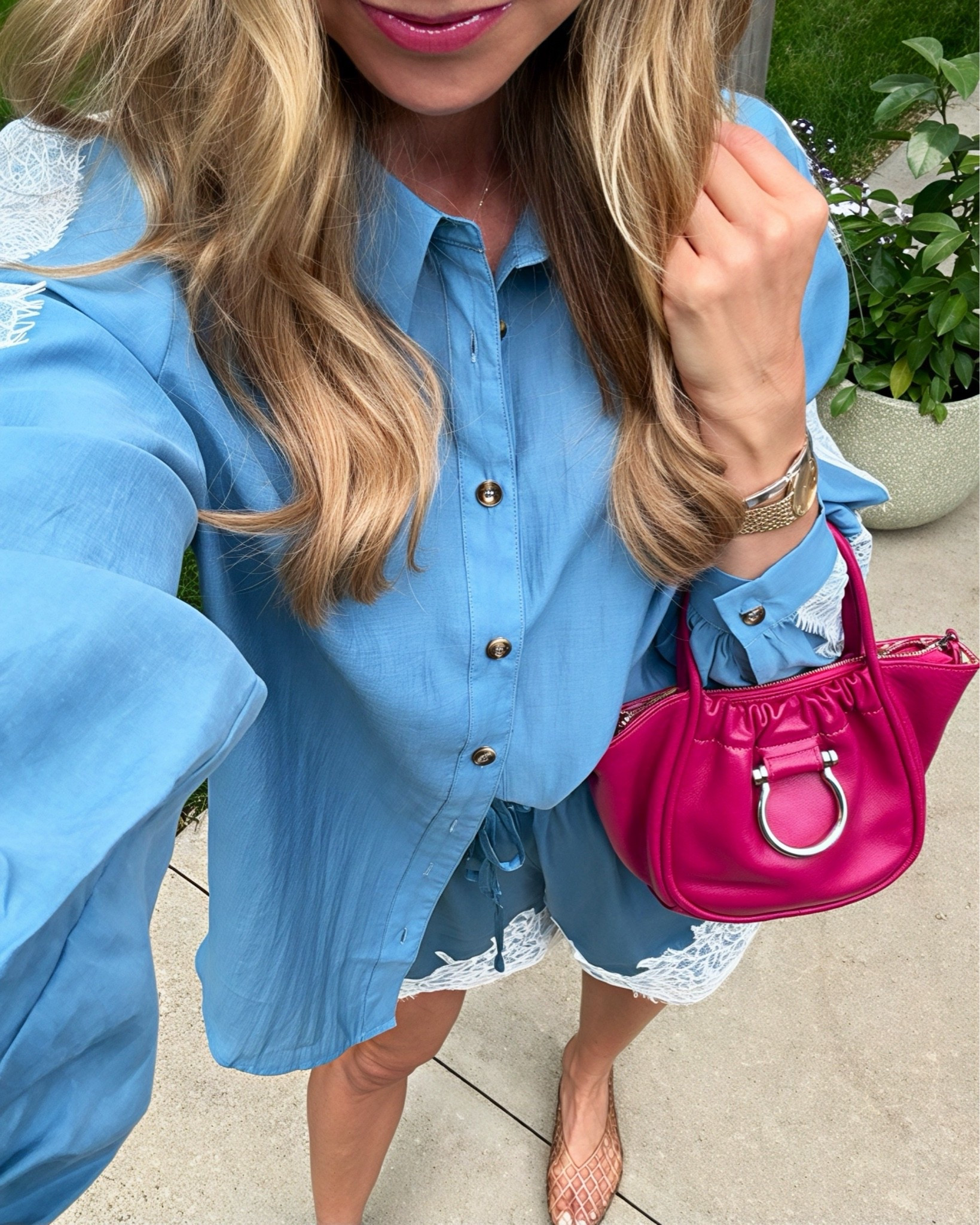 Lace detail, jelly flats, and the perfect pop of pink on my lips and bag. 
Give me it allllll.

#LTKootd #LTKOver40 #LTKdayinmylife