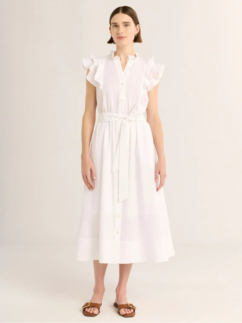 Free Assembly Women's Ruffle Cotton Midi Shirtdress, Sizes XS-XXL - Walmart.com | Walmart (US)