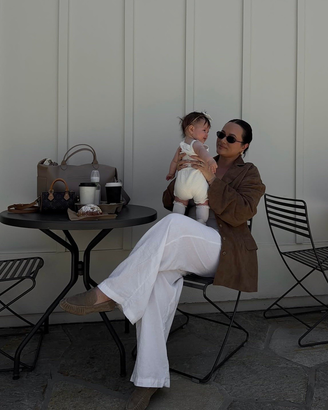 Chic suede blazer outfit for coffee styled with white linen pants and suede loafers

#LTKootd #LTKSeasonal #LTKmomlife